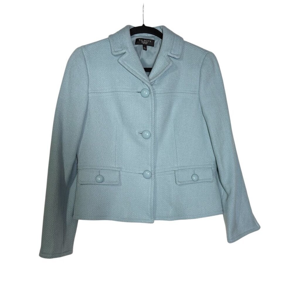 Talbots Tiffany Blue Blazer Woven Flap Pockets Wool Size 6P Tweed Office Classic
